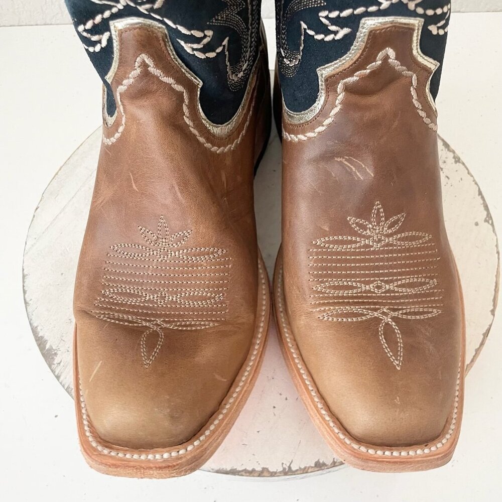 Lane Rodeo Houston Mens Cowboy Boots Brown Navy Square Toe 12.5" Size 12 - Picture 6 of 11